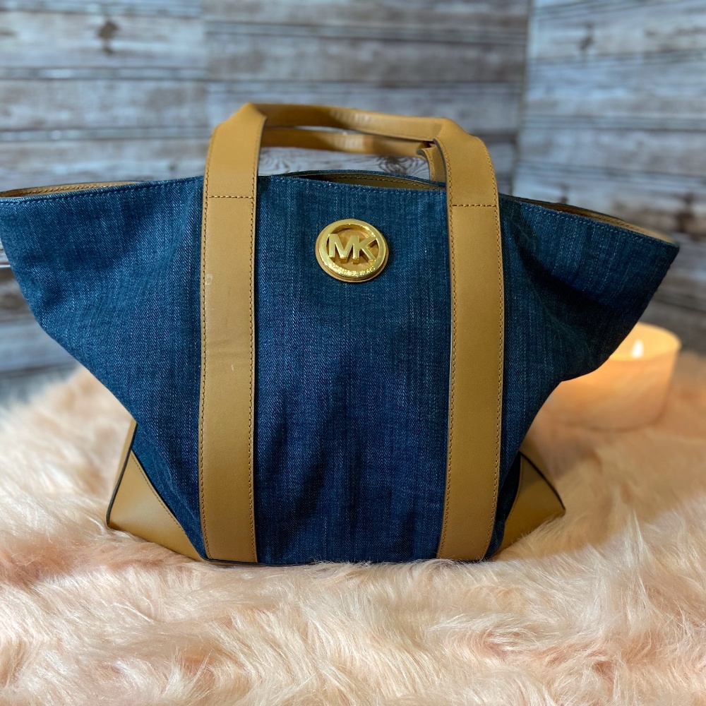 Michael Kors Large Denim Tote Bag Blue and Leather